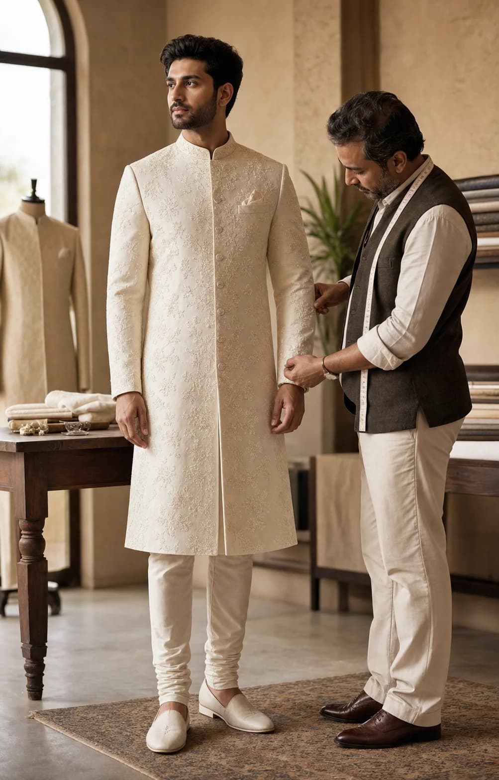 An Indian groom receiving a final sherwani fitting in the Mietaaf Couture atelier