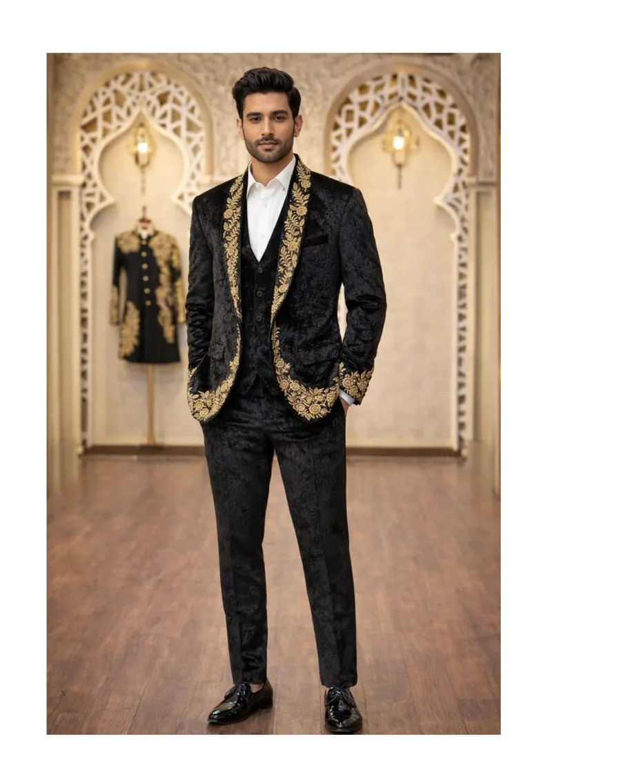 Midnight Gold Velvet Tuxedo Set