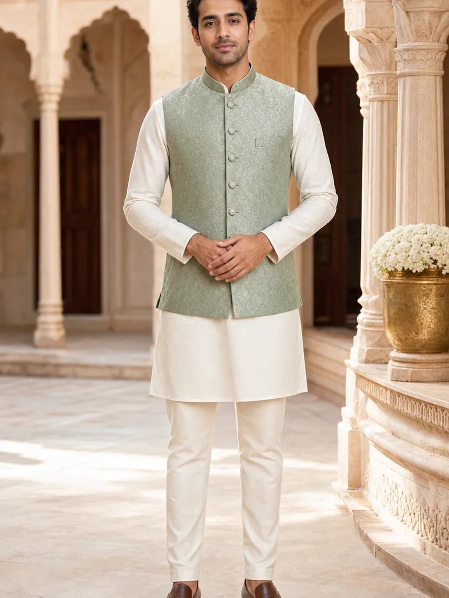 Sage Jacquard Waistcoat Set