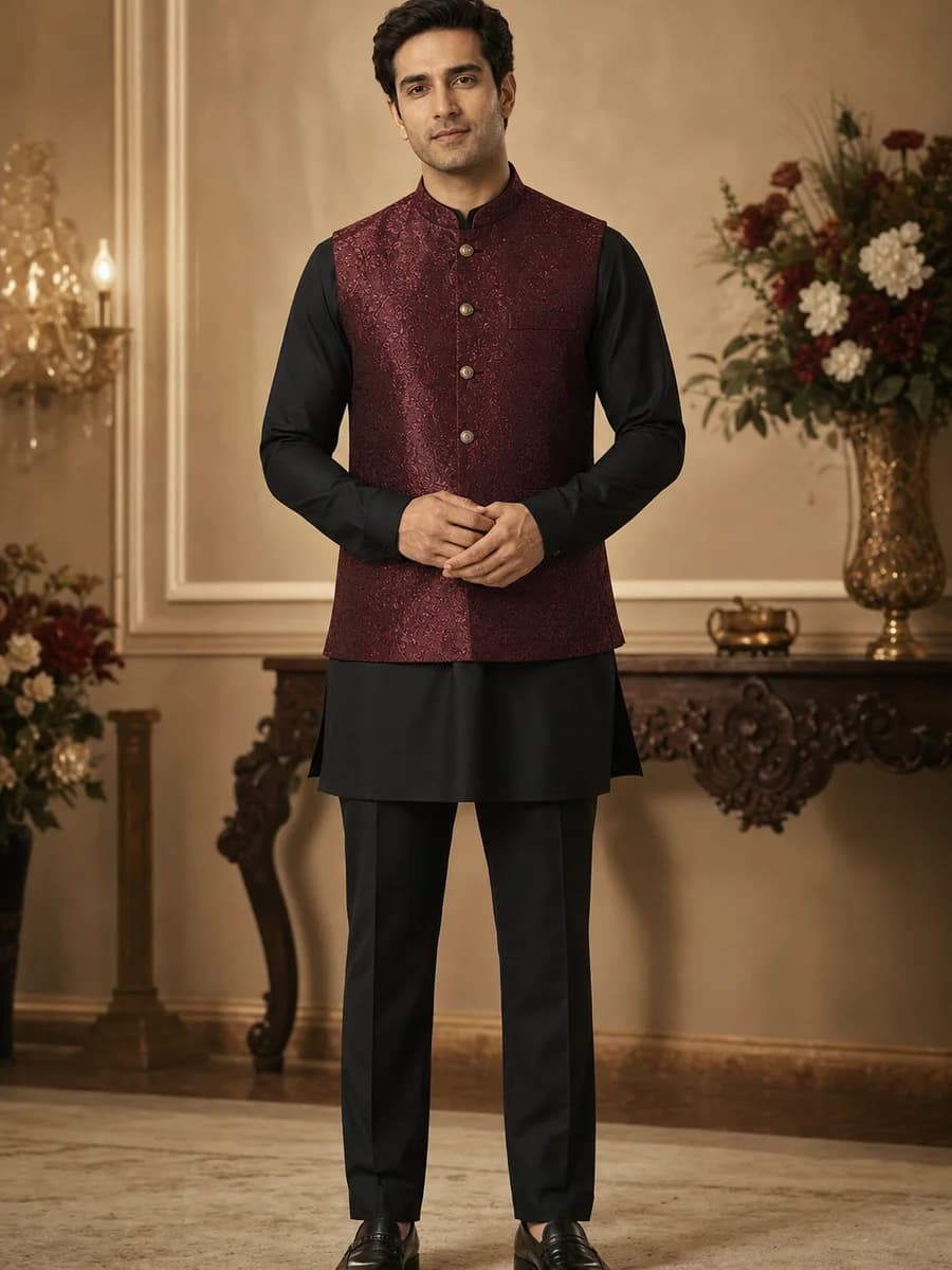 Burgundy Brocade Waistcoat Set