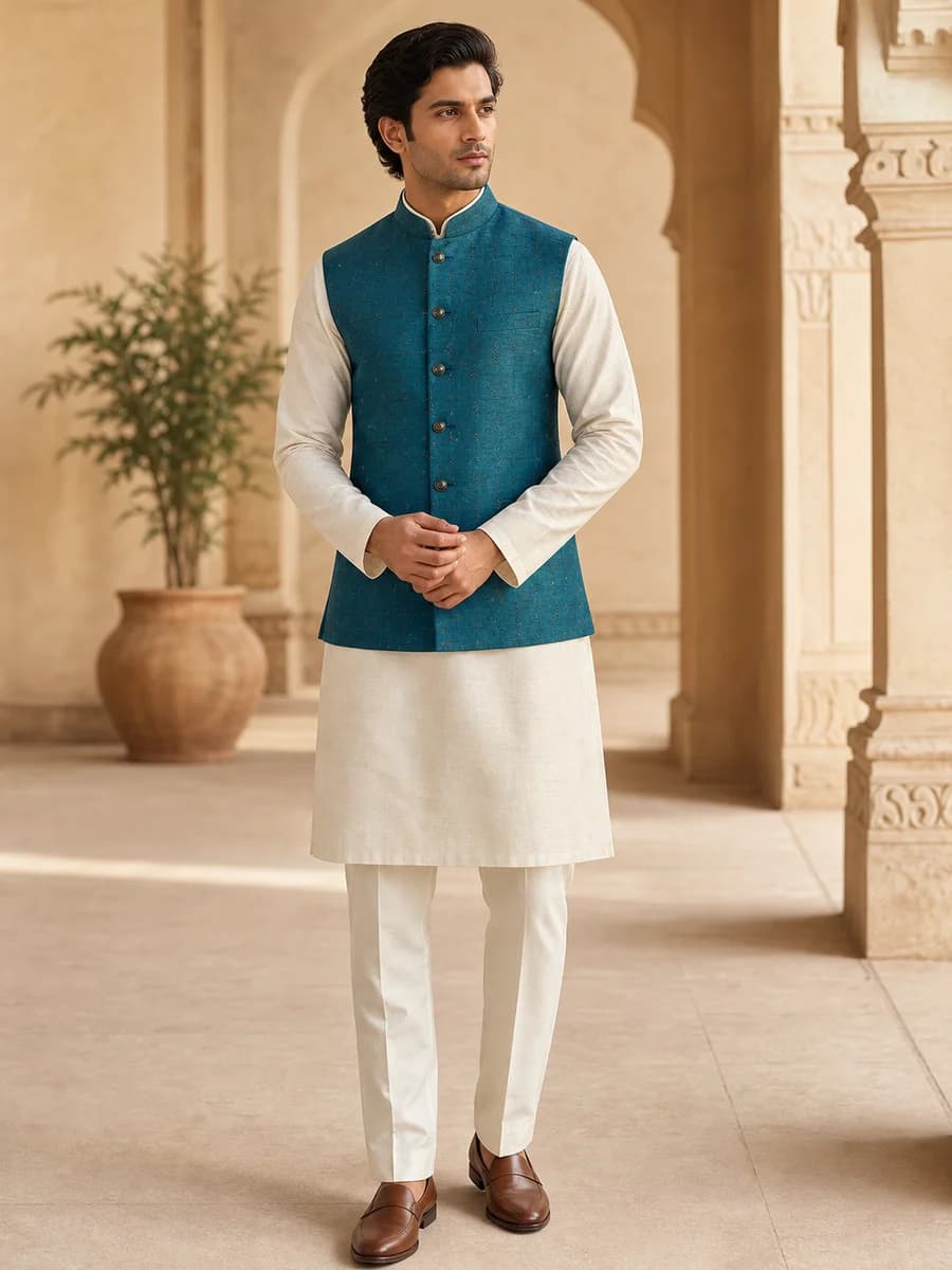Teal Raw Silk Waistcoat Set
