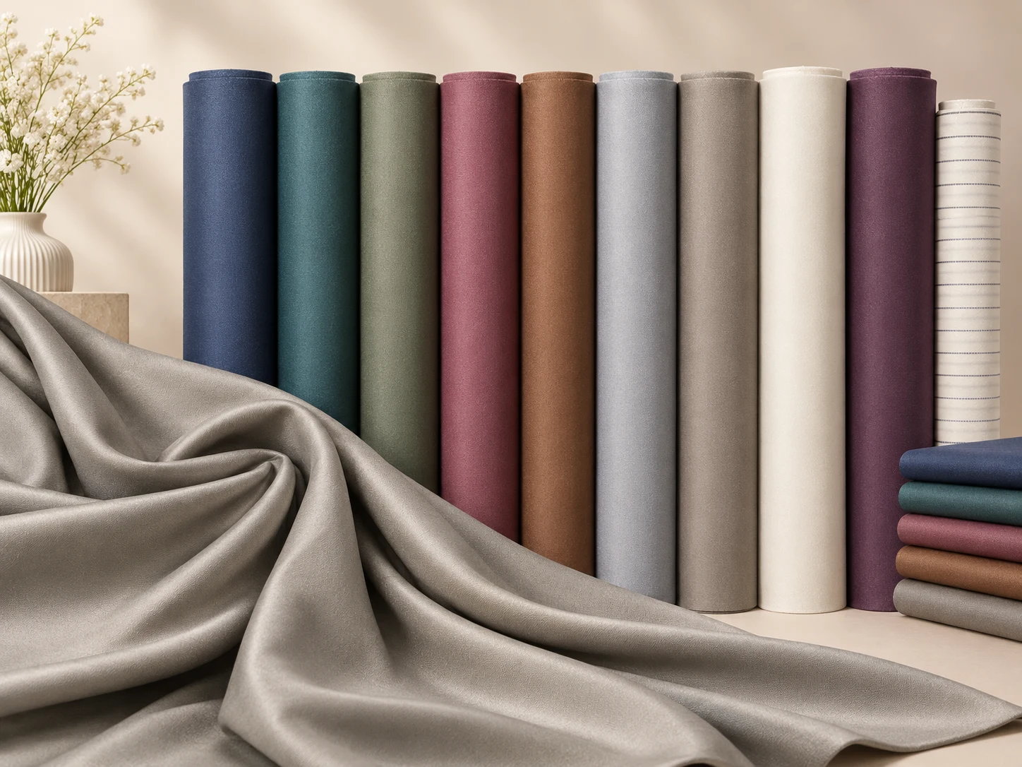 Neutral fabric rolls and softly draped textiles from the Mietaaf fabric palette